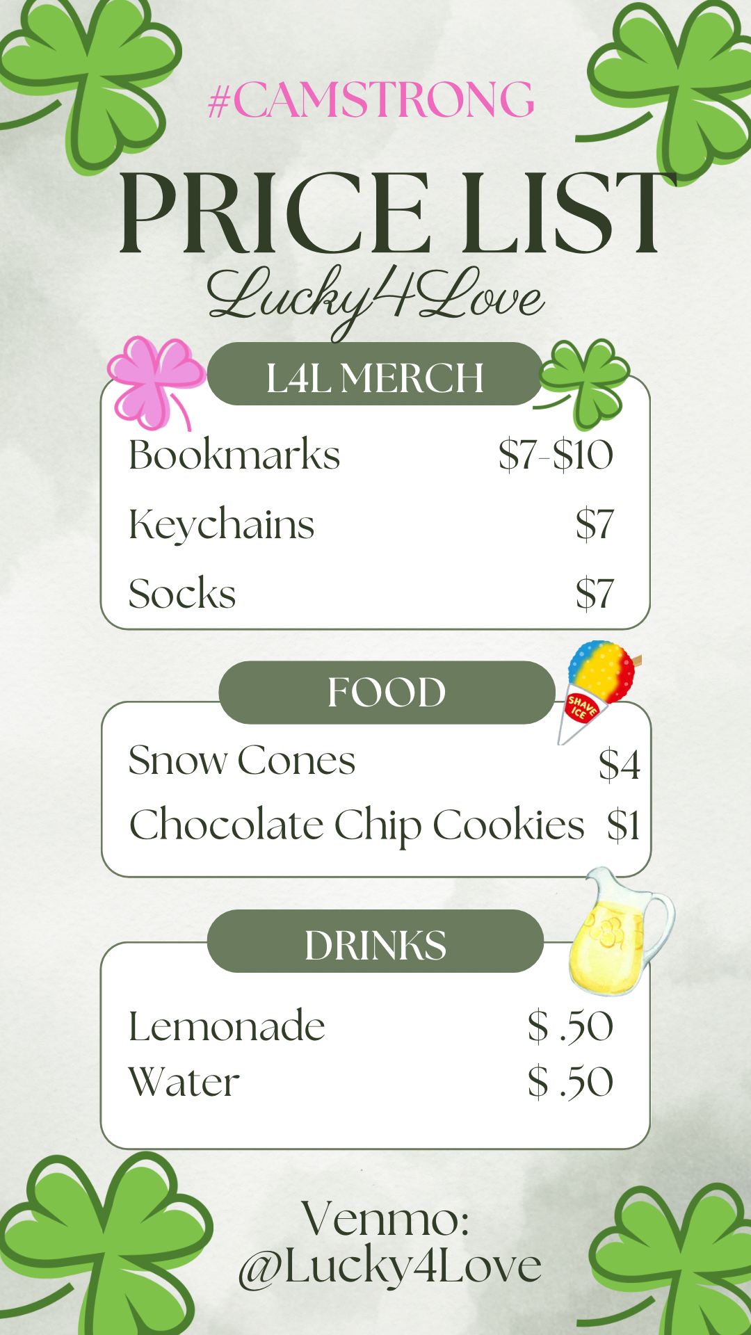 Lucky4Love price list: bookmarks, keychains, socks, snow cones, cookies, lemonade