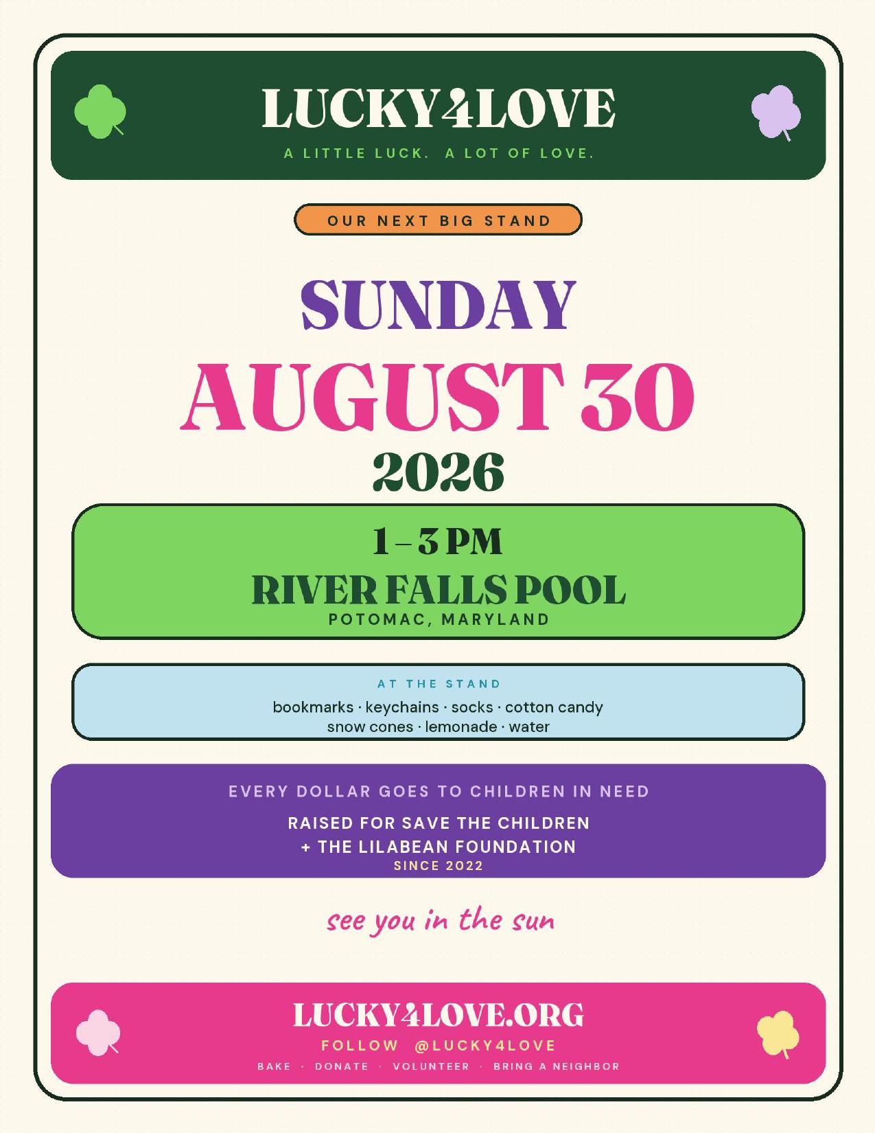 Lucky4Love flyer for the August 30, 2026 annual fundraiser at River Falls Pool
