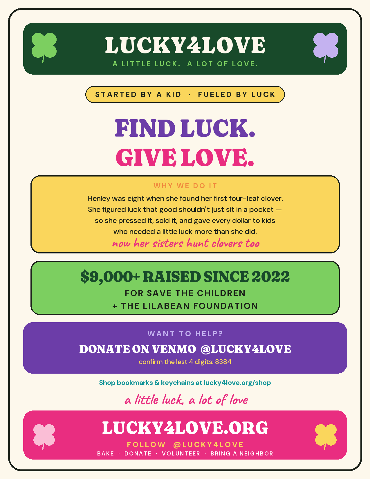 Generic Lucky4Love flyer explaining the clover-to-donation story and how to give on Venmo