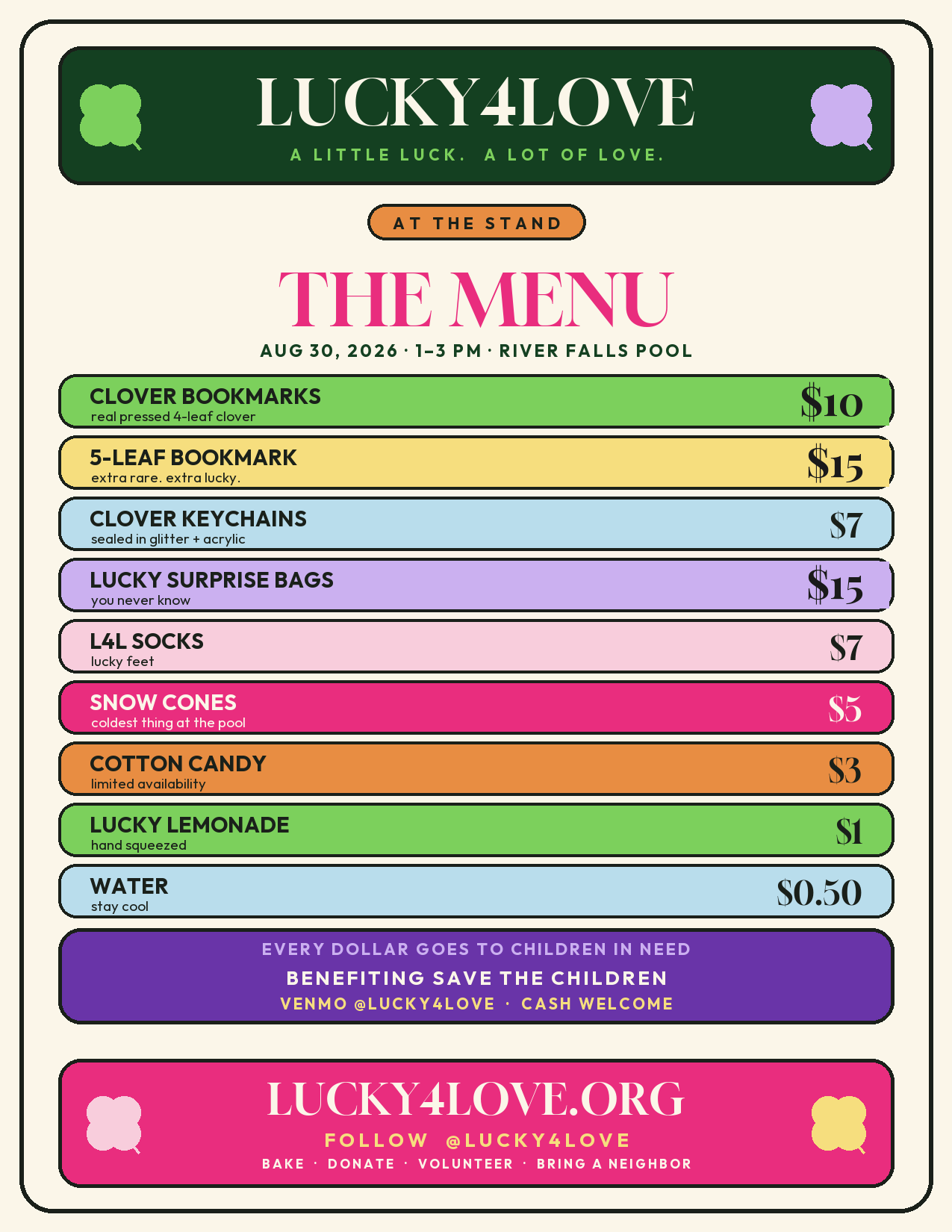 Lucky4Love price list flyer for the stand