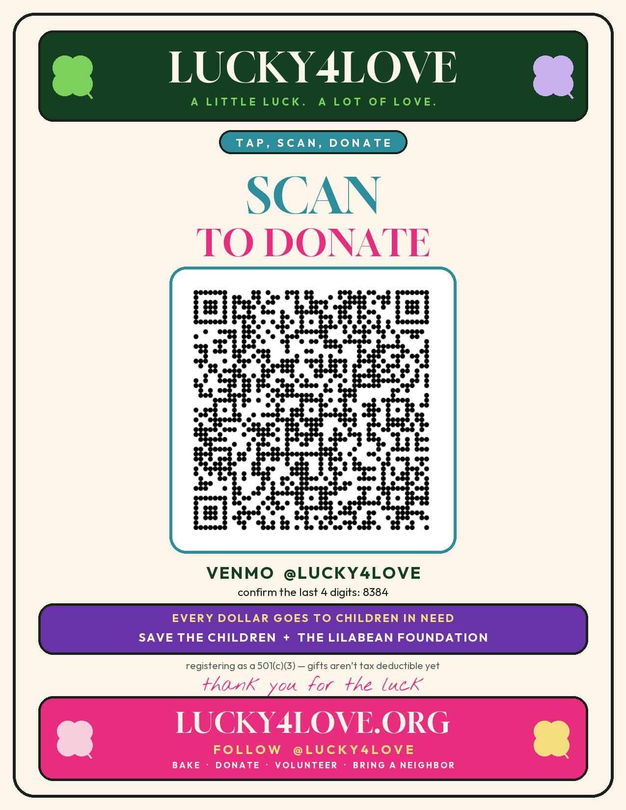 Lucky4Love scan to give flyer with the Venmo QR code for @lucky4love