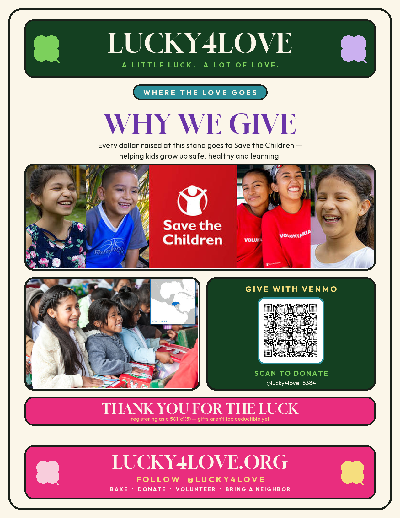 Lucky4Love why we give flyer for Save the Children with a Venmo QR code